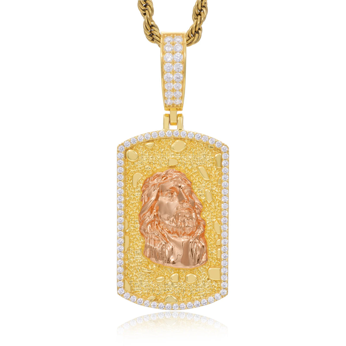 VVS1 Moissanite Two-Tone Jesus Head Dog Tag Pendant | GRA Certified | Passes Diamond Tester