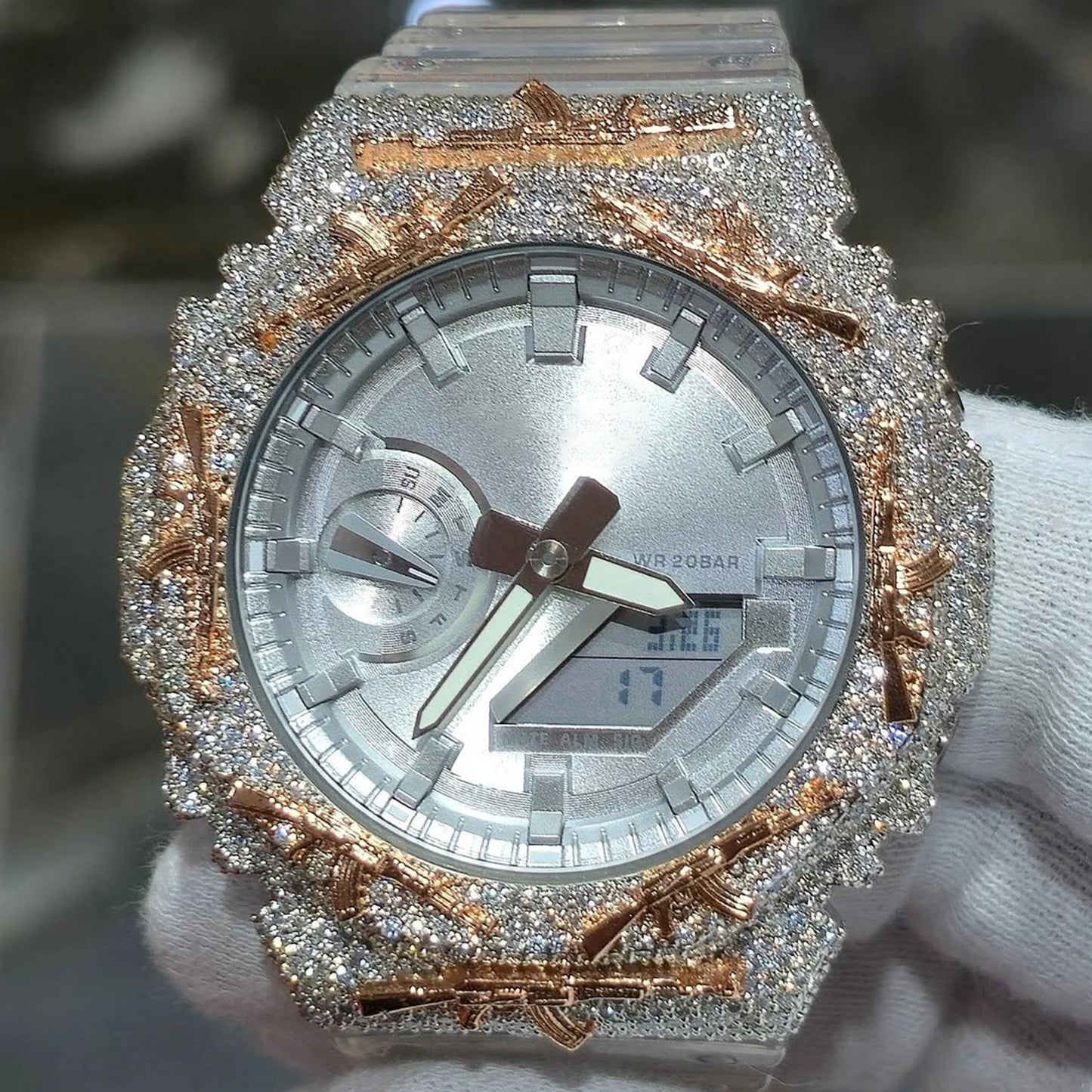 Iced Out AK Rifle VVS1 Moissanite Watch Bezel for GA2100 | Two-Tone 18K Gold Plated | Buss Down