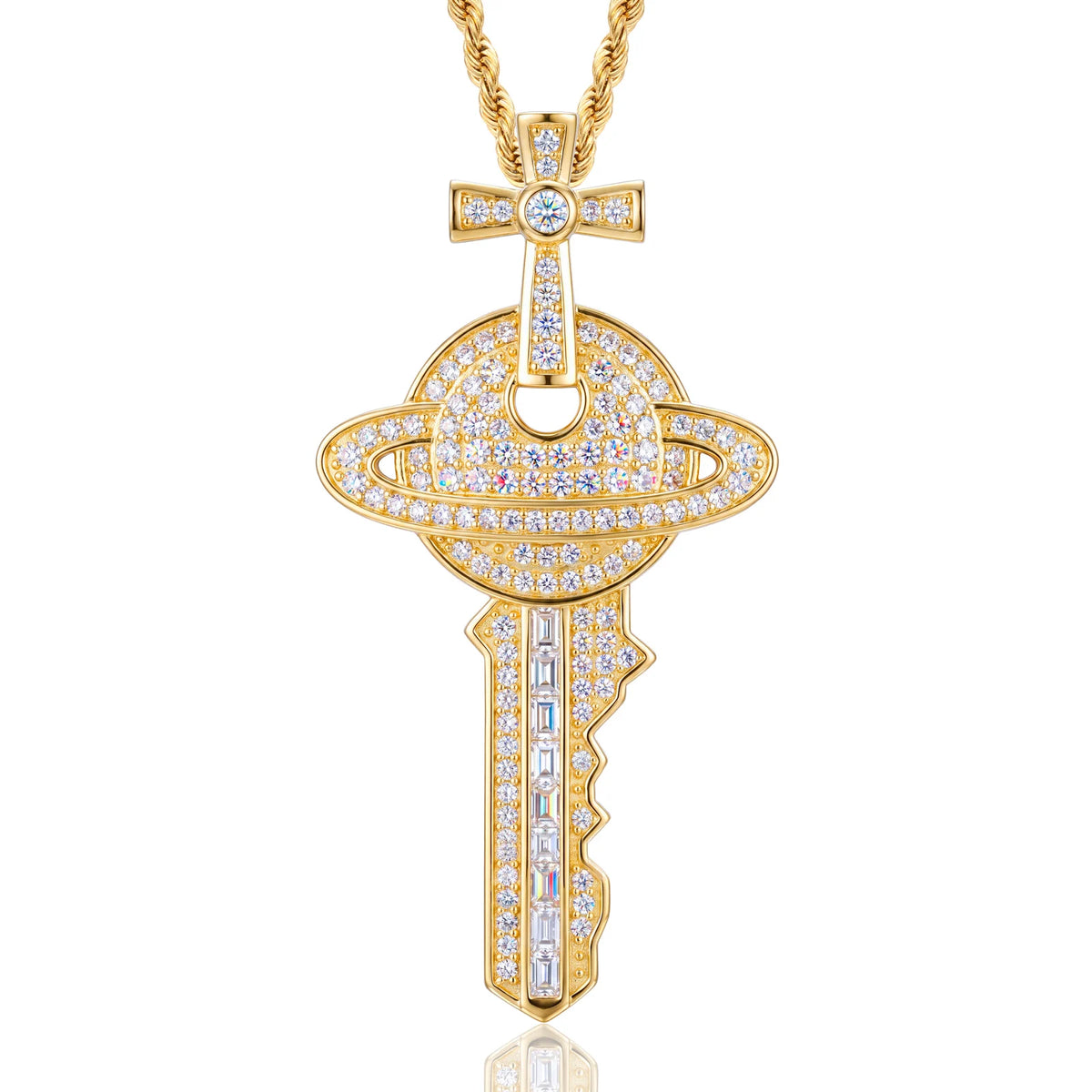 VVS1 Moissanite Cross Saturn Key Pendant | 925 Sterling Silver | GRA Certified | Passes Diamond Tester