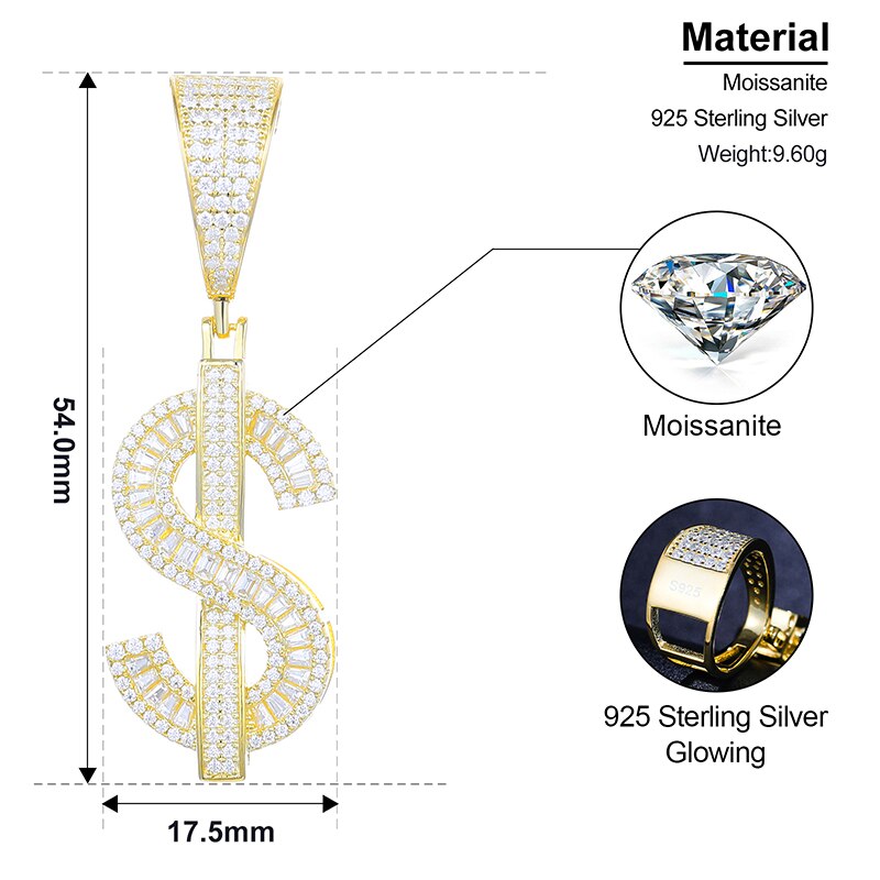 VVS1 Moissanite Dollar Sign Pendant Necklace – 925 Sterling Silver