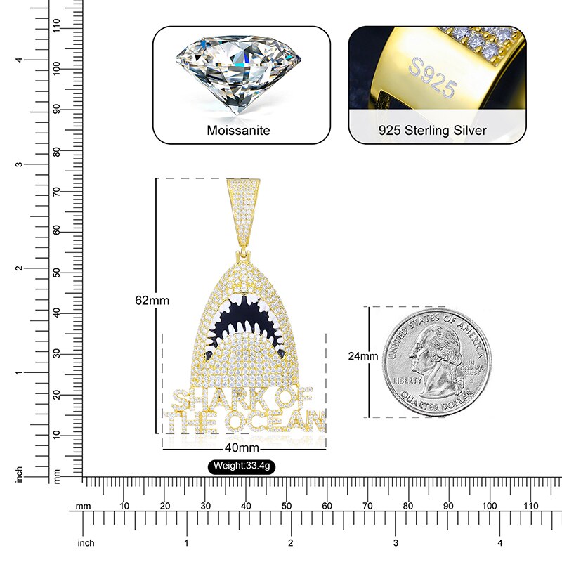 VVS1 Moissanite Shark of the Ocean Pendant Necklace – 925 Sterling Silver