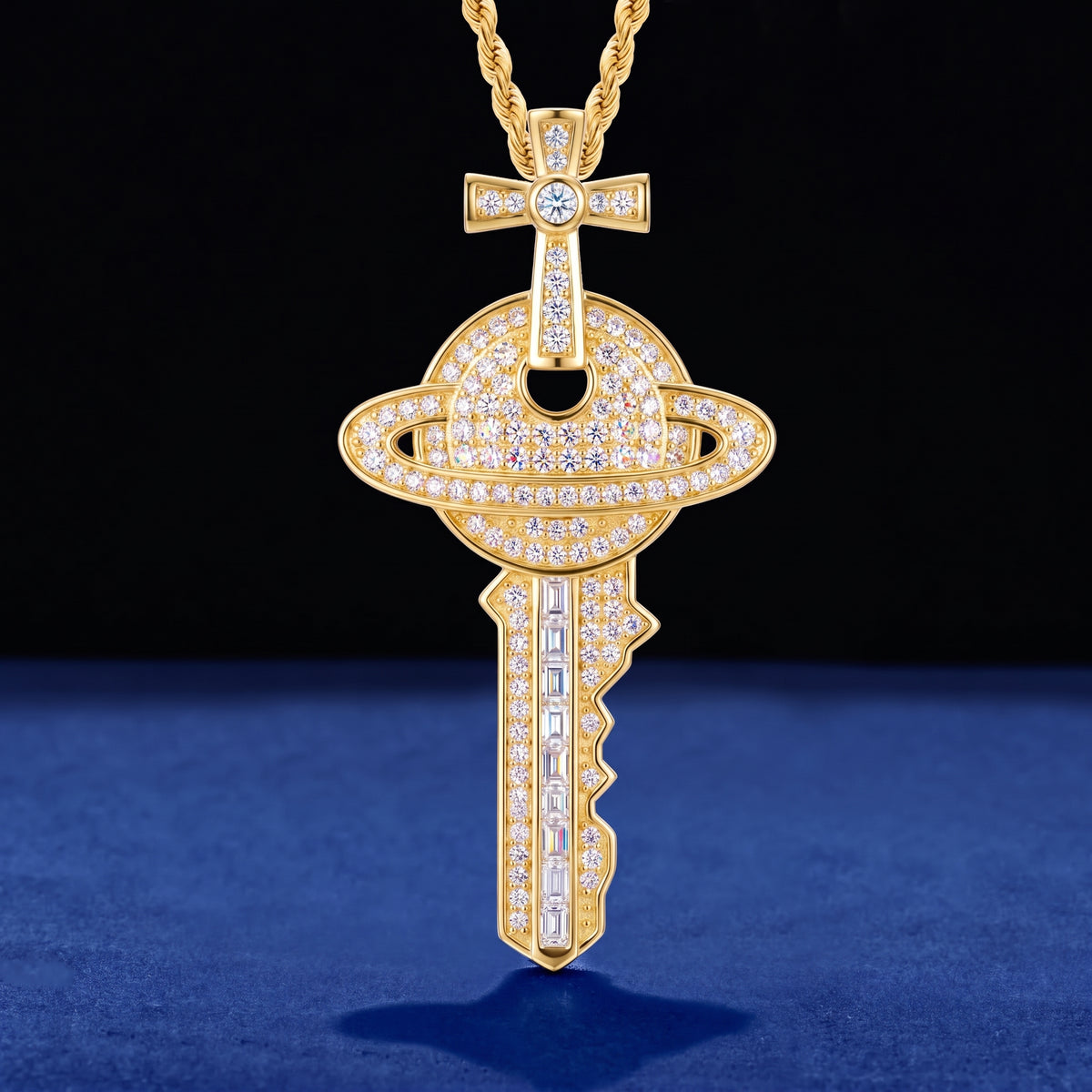 VVS1 Moissanite Cross Saturn Key Pendant | 925 Sterling Silver | GRA Certified | Passes Diamond Tester