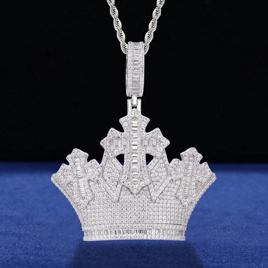 VVS1 Moissanite Crown Cross Pendant | 925 Sterling Silver | GRA Certified | Passes Diamond Tester