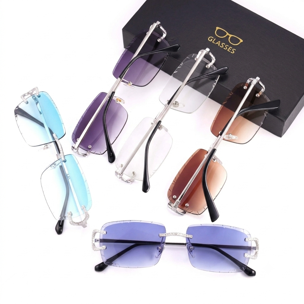 Iced Out Rimless Moissanite Sunglasses | 925 Sterling Silver | Hip Hop Sunglasses | Anti-Reflective Lens | Passes Diamond Tester