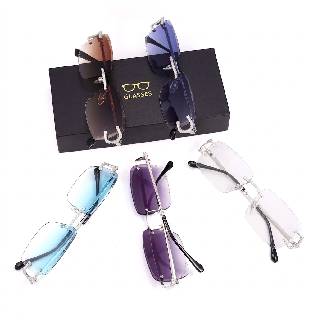 Iced Out Rimless Moissanite Sunglasses | 925 Sterling Silver | Hip Hop Sunglasses | Anti-Reflective Lens | Passes Diamond Tester