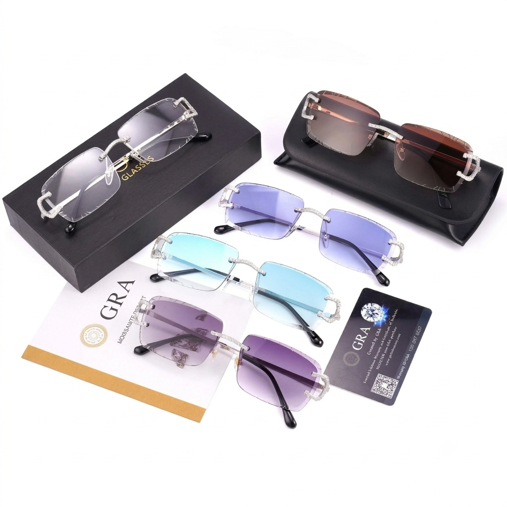 Iced Out Rimless Moissanite Sunglasses | 925 Sterling Silver | Hip Hop Sunglasses | Anti-Reflective Lens | Passes Diamond Tester