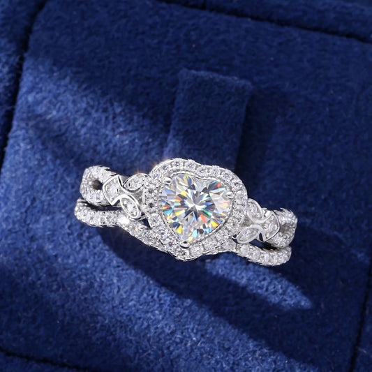 Heart Cut VVS1 Moissanite Stackable Engagement Ring Set | 925 Sterling Silver | GRA Certified | Passes Diamond Tester