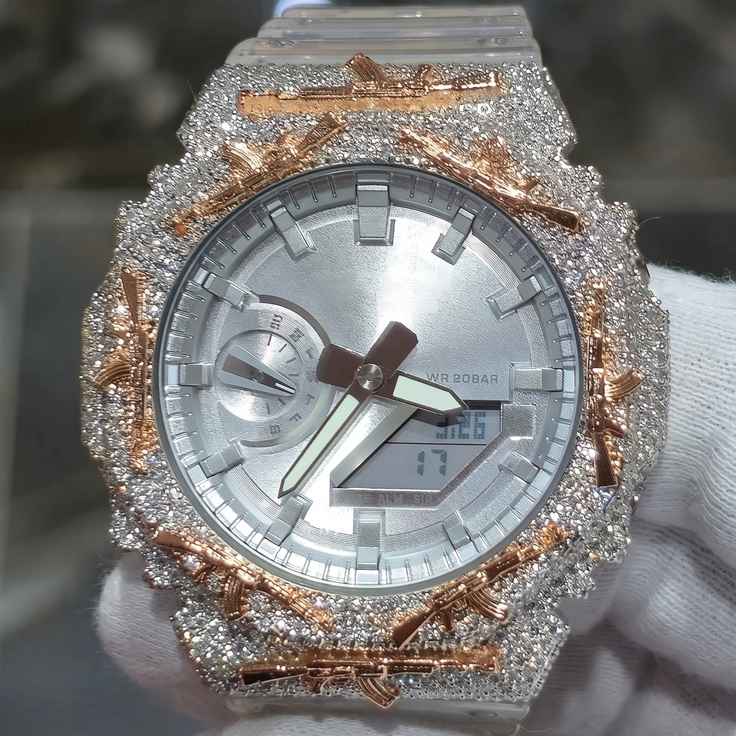 Iced Out AK Rifle VVS1 Moissanite Watch Bezel for GA2100 | Two-Tone 18K Gold Plated | Buss Down