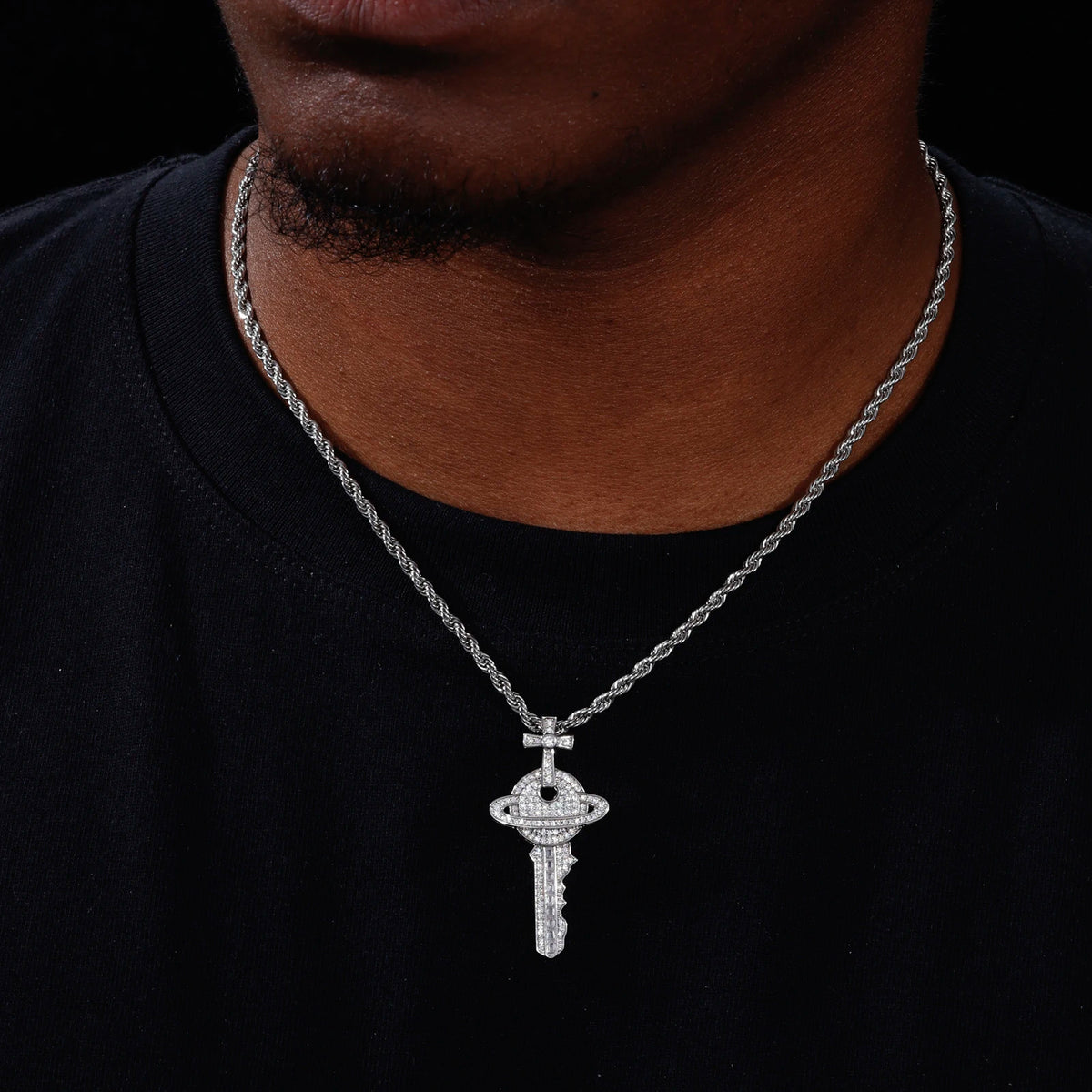 VVS1 Moissanite Cross Saturn Key Pendant | 925 Sterling Silver | GRA Certified | Passes Diamond Tester