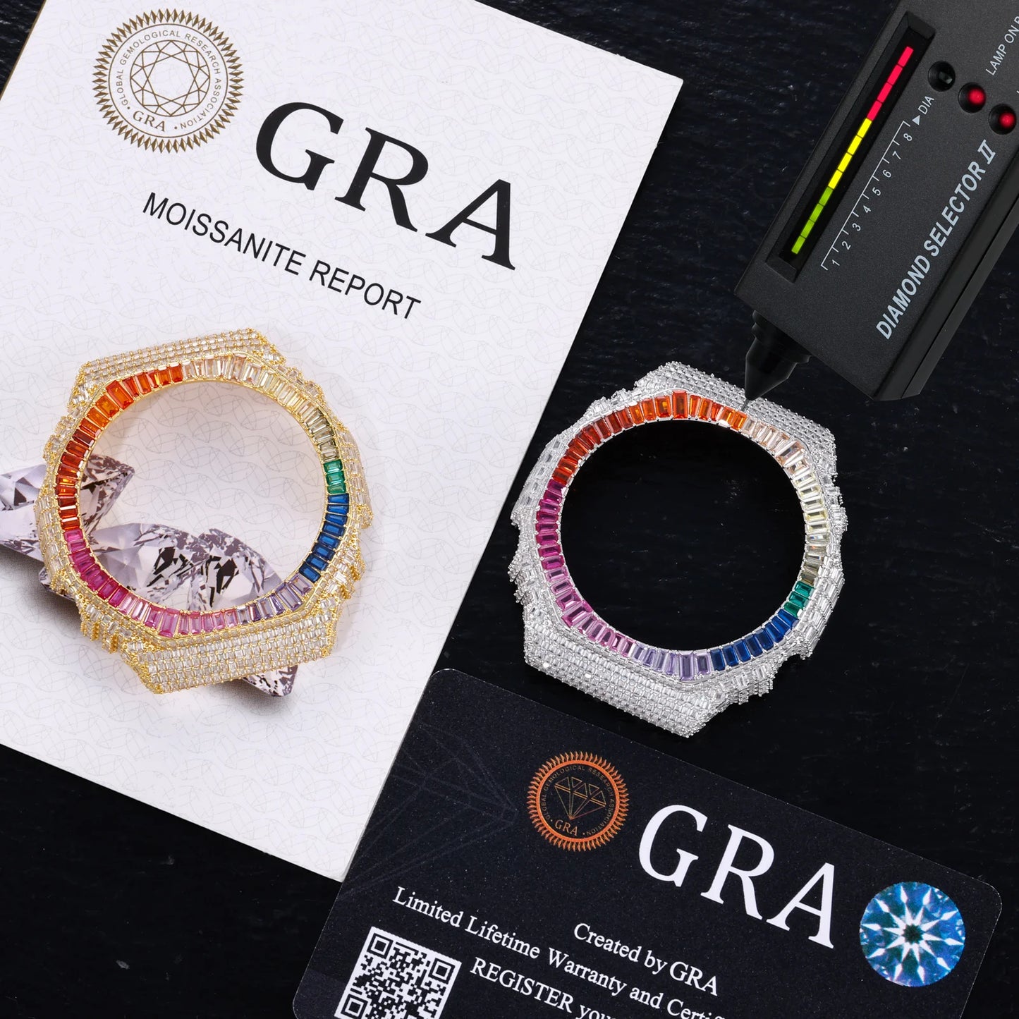 Full Baguette Rainbow VVS1 Moissanite Watch Bezel Case for GA2100 | Passes Diamond Tester | GRA Certified