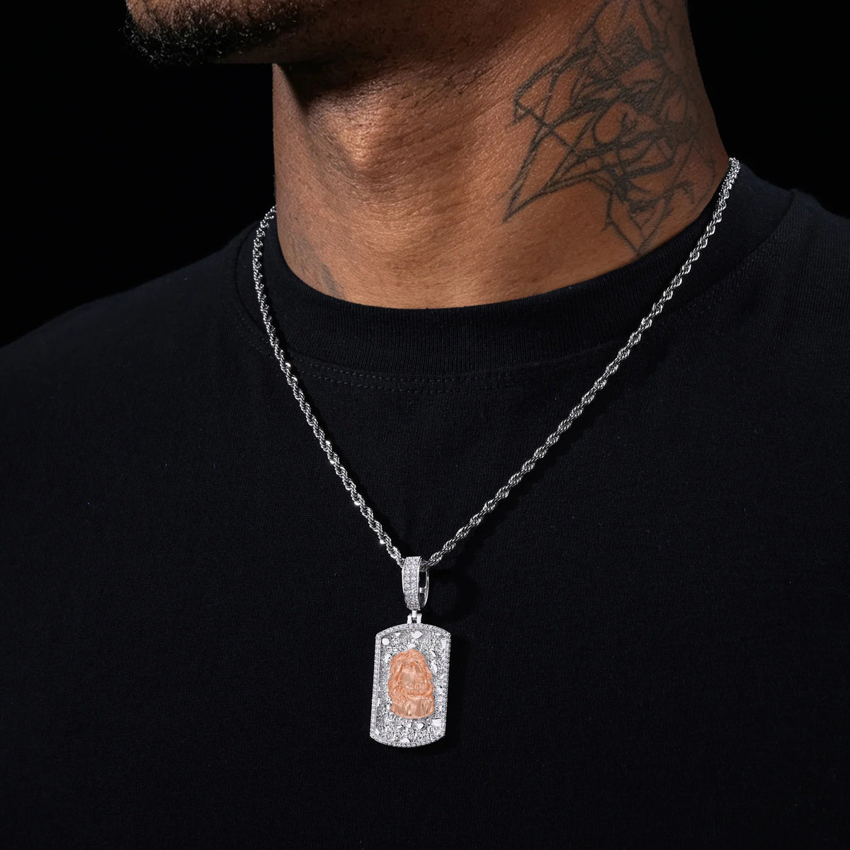 VVS1 Moissanite Two-Tone Jesus Head Dog Tag Pendant | GRA Certified | Passes Diamond Tester