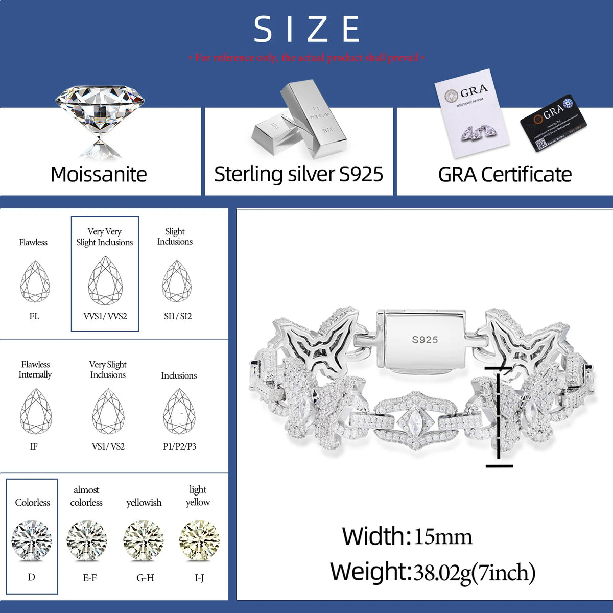 15mm VVS1 Moissanite Butterfly Link Chain Bracelet | 925 Sterling Silver | GRA Certified | Passes Diamond Tester