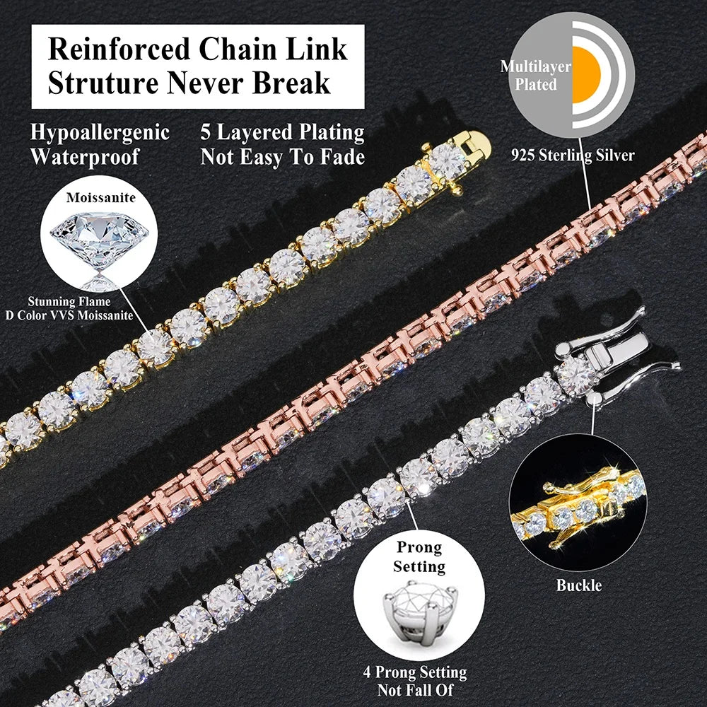 VVS1 Moissanite Tennis Chain & Bracelet | 925 Sterling Silver | GRA Certified | Passes Diamond Tester