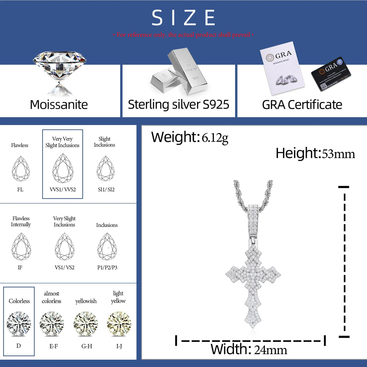 VVS1 Moissanite Cross Pendant with Rope Chain | 925 Sterling Silver | GRA Certified | Passes Diamond Tester