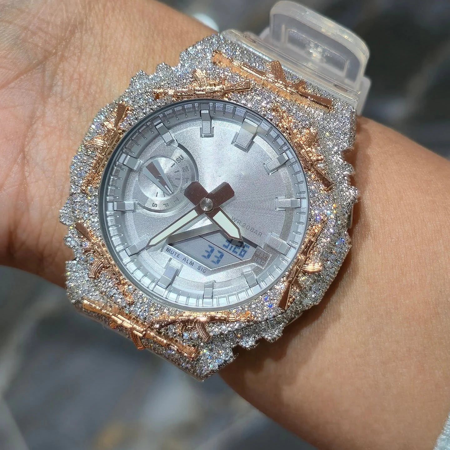 Iced Out AK Rifle VVS1 Moissanite Watch Bezel for GA2100 | Two-Tone 18K Gold Plated | Buss Down
