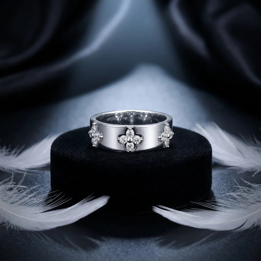 VVS1 Moissanite Four Leaf Clover Ring | 925 Sterling Silver | Passes Diamond Tester