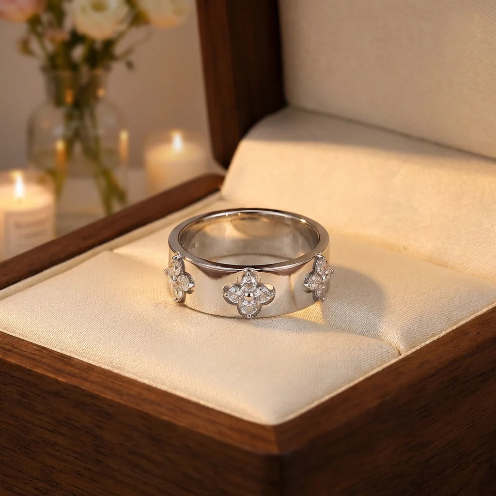 VVS1 Moissanite Four Leaf Clover Ring | 925 Sterling Silver | Passes Diamond Tester