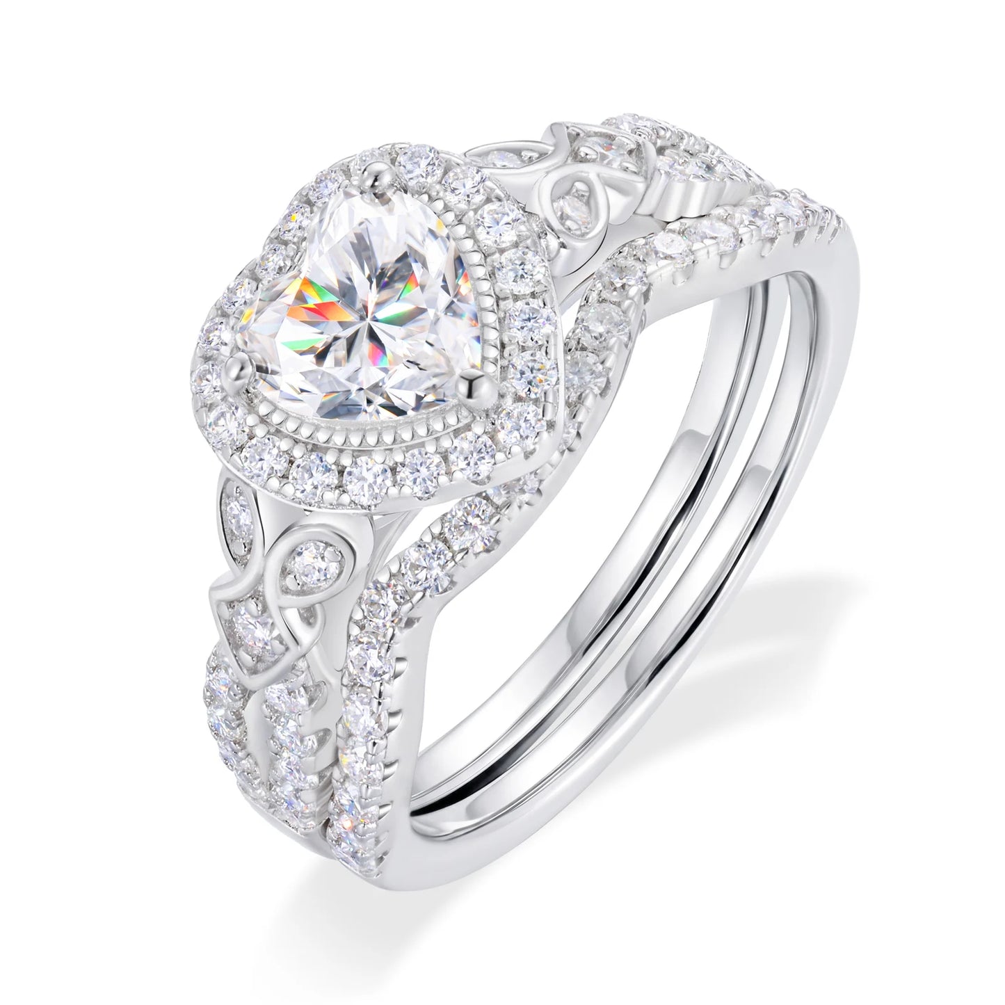 Heart Cut VVS1 Moissanite Stackable Engagement Ring Set | 925 Sterling Silver | GRA Certified | Passes Diamond Tester
