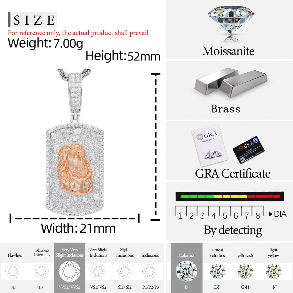 VVS1 Moissanite Two-Tone Jesus Head Dog Tag Pendant | GRA Certified | Passes Diamond Tester