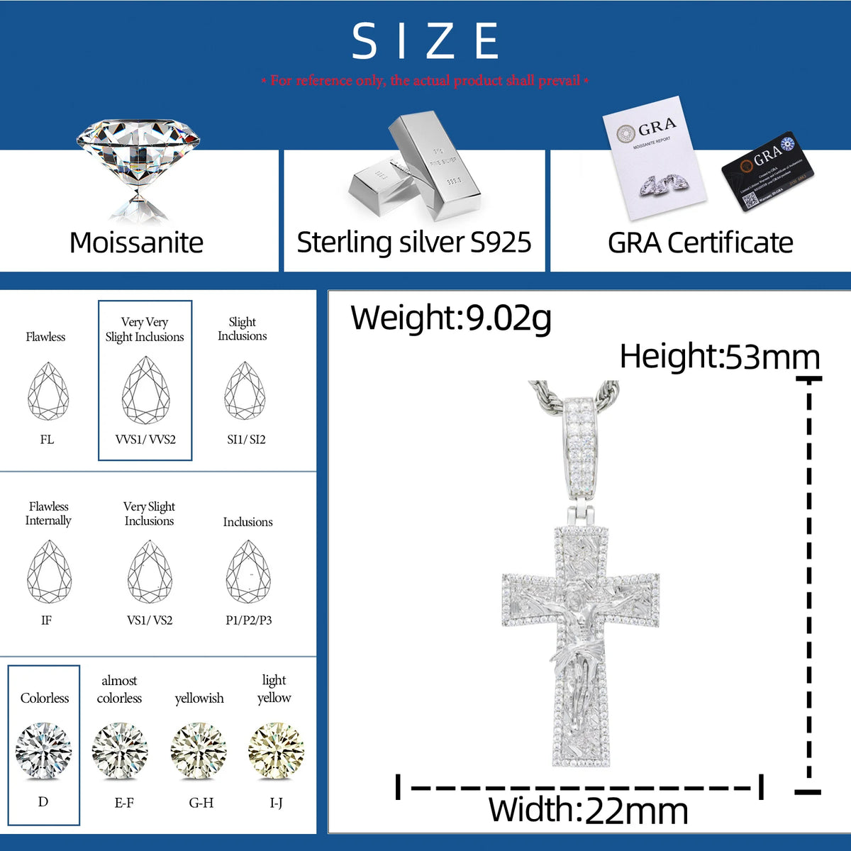 VVS1 Moissanite Crucifix Jesus Cross Pendant | 925 Sterling Silver | GRA Certified | Passes Diamond Tester