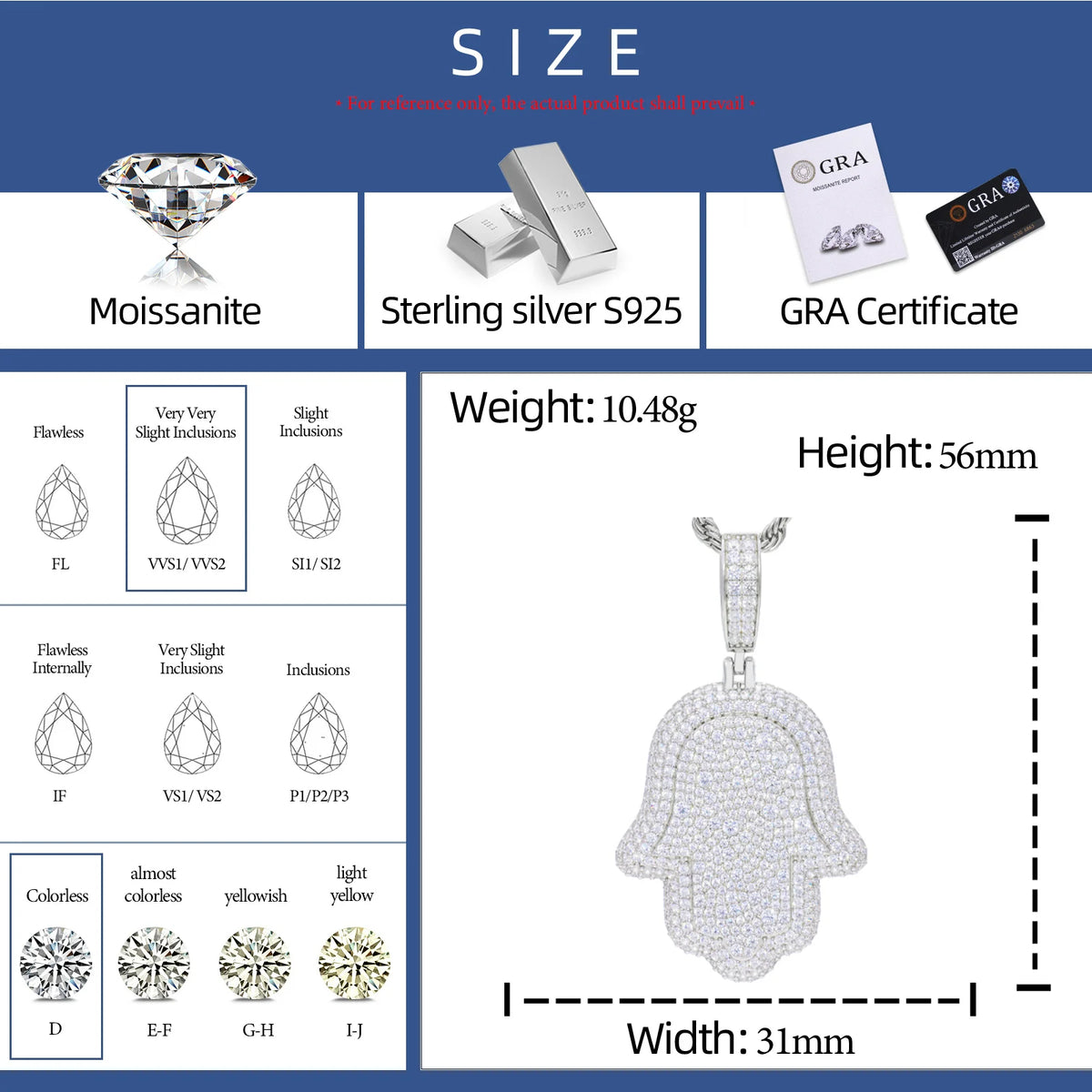 VVS1 Moissanite Hamsa Hand Pendant | 925 Sterling Silver | GRA Certified | Passes Diamond Tester