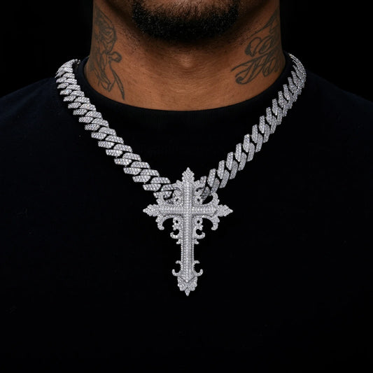 VVS1 Moissanite Baroque Carved Cross Pendant | 925 Sterling Silver | GRA Certified | Passes Diamond Tester