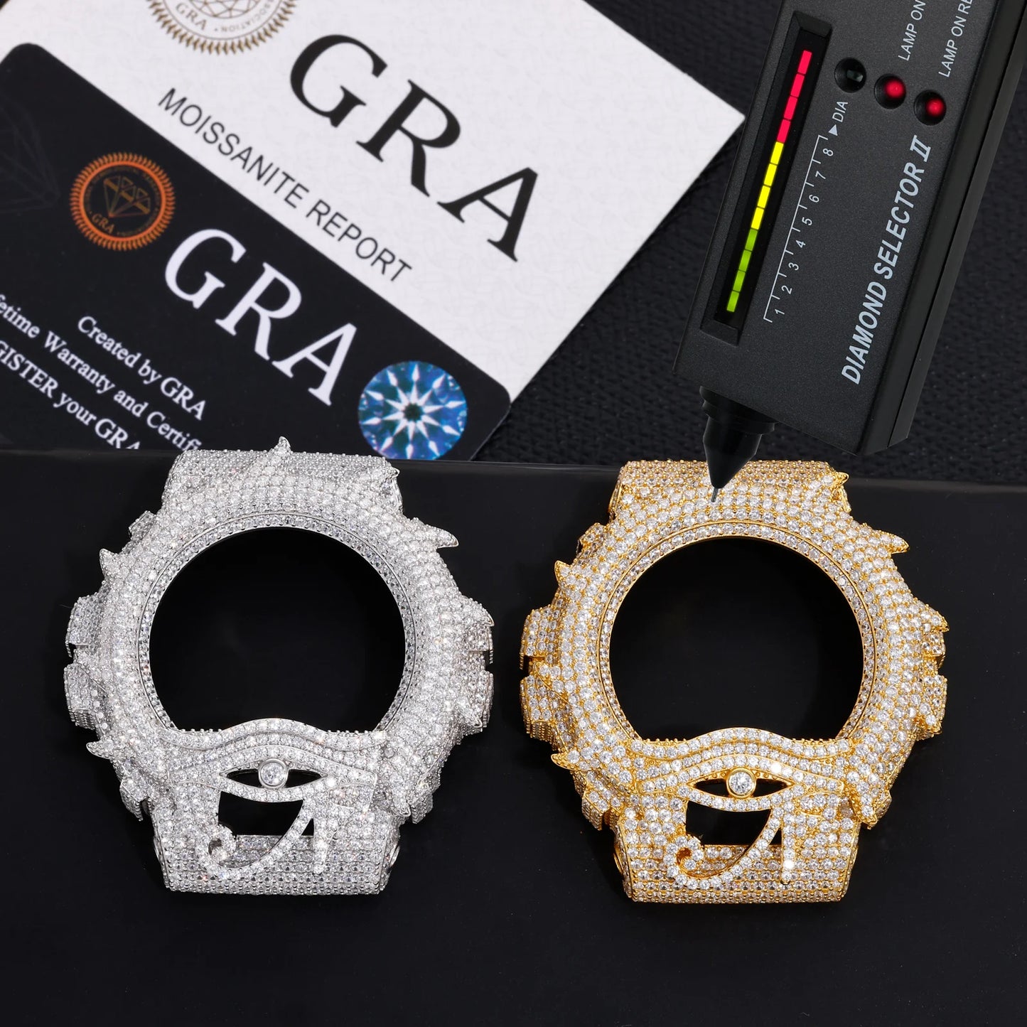 Iced Out Evil Eye & Sun Flame VVS1 Moissanite Watch Bezel for DW6900 | Buss Down | GRA Certified