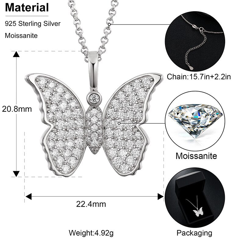 VVS1 Moissanite Butterfly Pendant Necklace 925 Sterling Silver