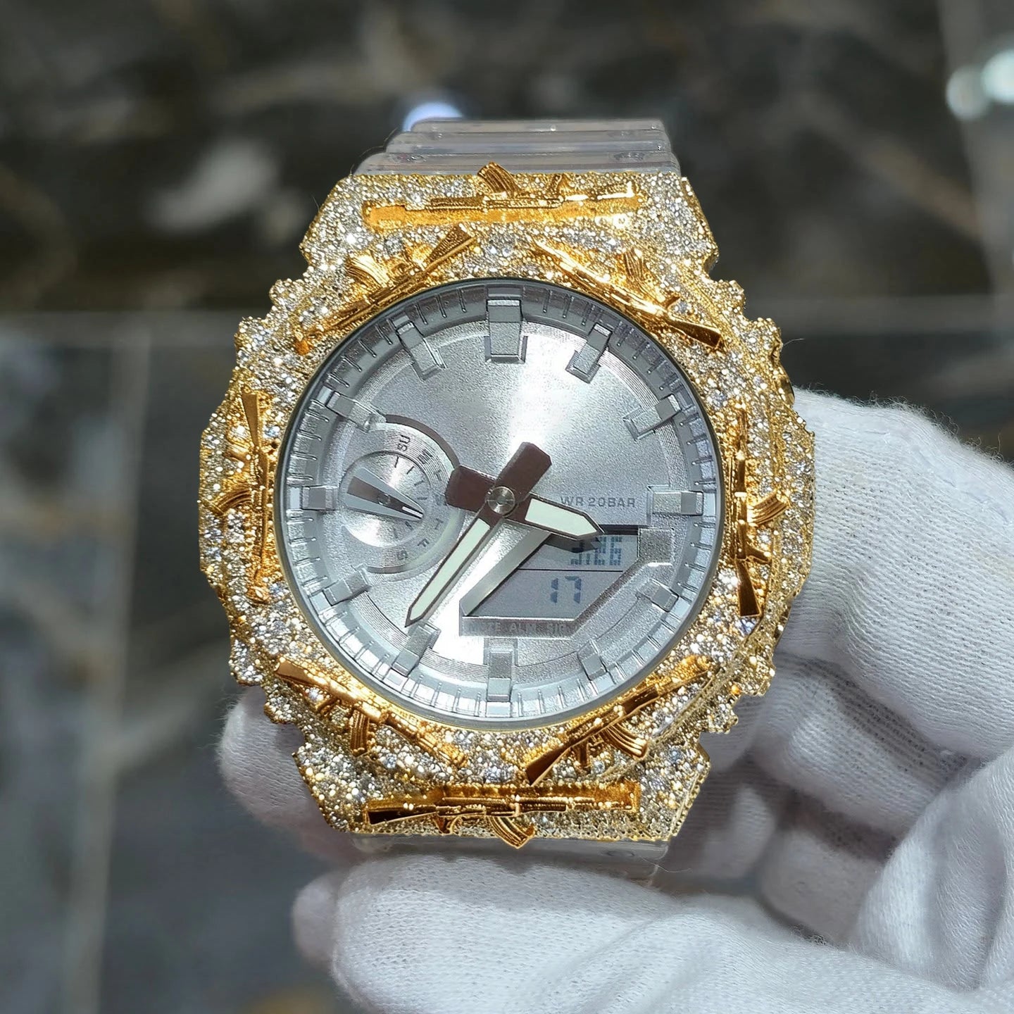 Iced Out AK Rifle VVS1 Moissanite Watch Bezel for GA2100 | Two-Tone 18K Gold Plated | Buss Down