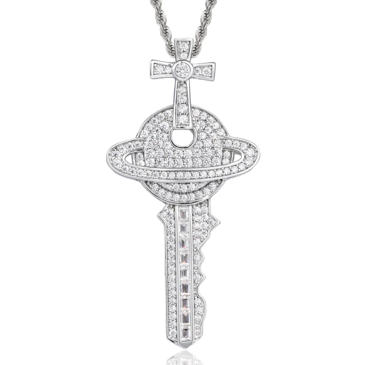 VVS1 Moissanite Cross Saturn Key Pendant | 925 Sterling Silver | GRA Certified | Passes Diamond Tester