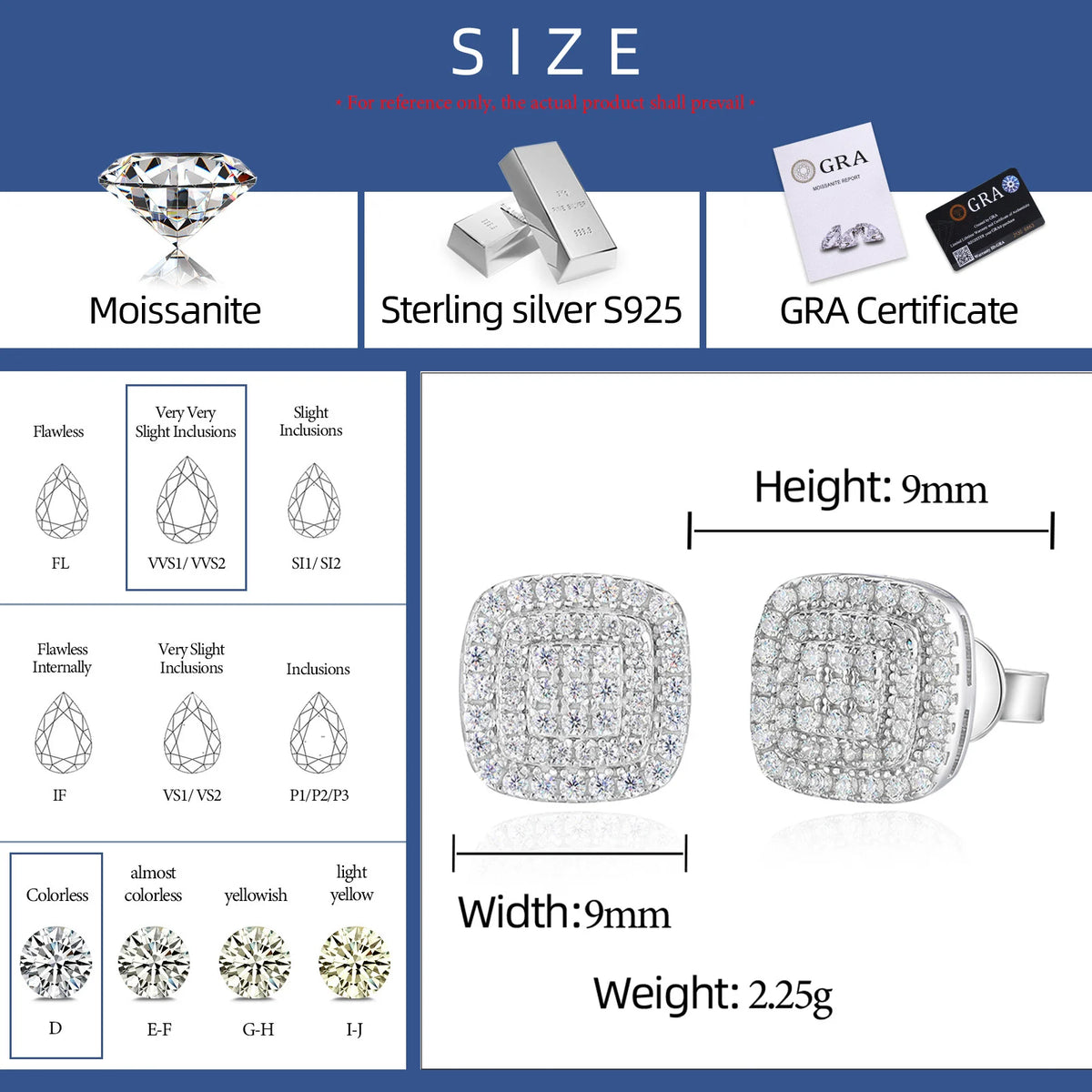 VVS1 Moissanite 3-Layer Square Stud Earrings | 925 Sterling Silver | GRA Certified | Passes Diamond Tester