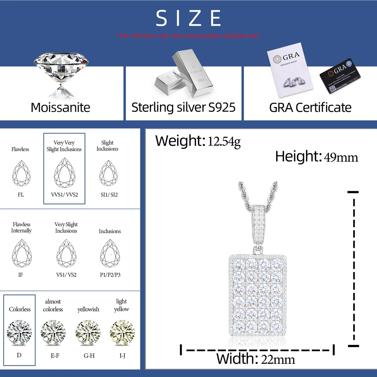 VVS1 Moissanite Square Dog Tag Pendant | 925 Sterling Silver | GRA Certified | Passes Diamond Tester
