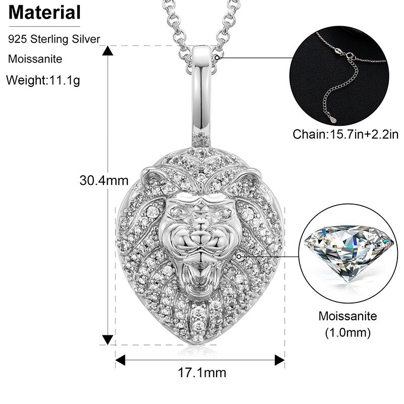 VVS1 Moissanite Lion Head Pendant Necklace 925 Sterling Silver