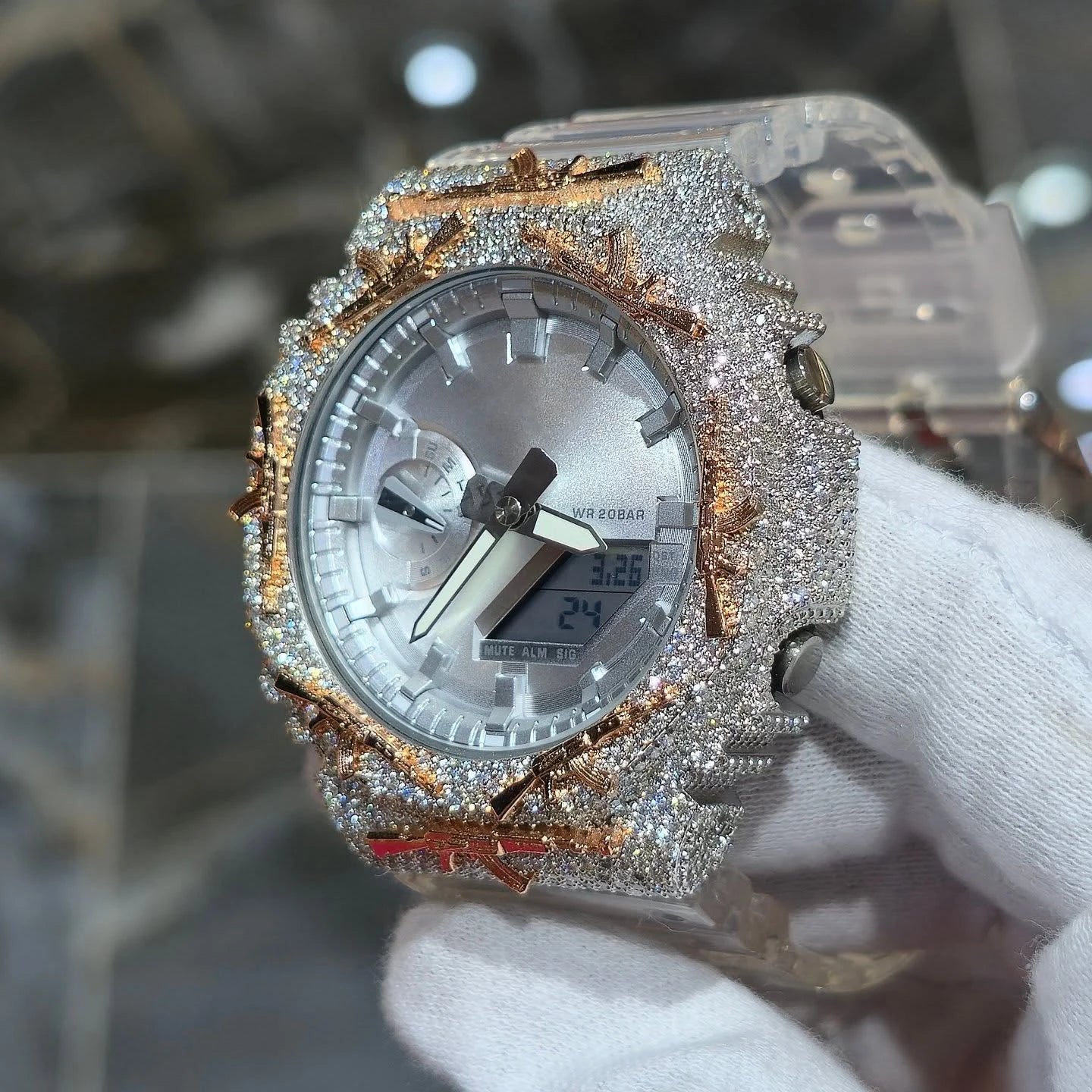 Iced Out AK Rifle VVS1 Moissanite Watch Bezel for GA2100 | Two-Tone 18K Gold Plated | Buss Down