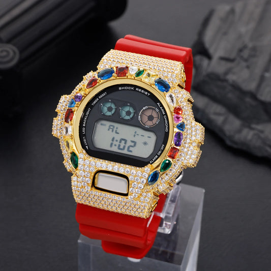 Iced Out Colorful Full Paved VVS1 Moissanite Watch Bezel Case for DW6900 | 18K Gold Plated | Buss Down