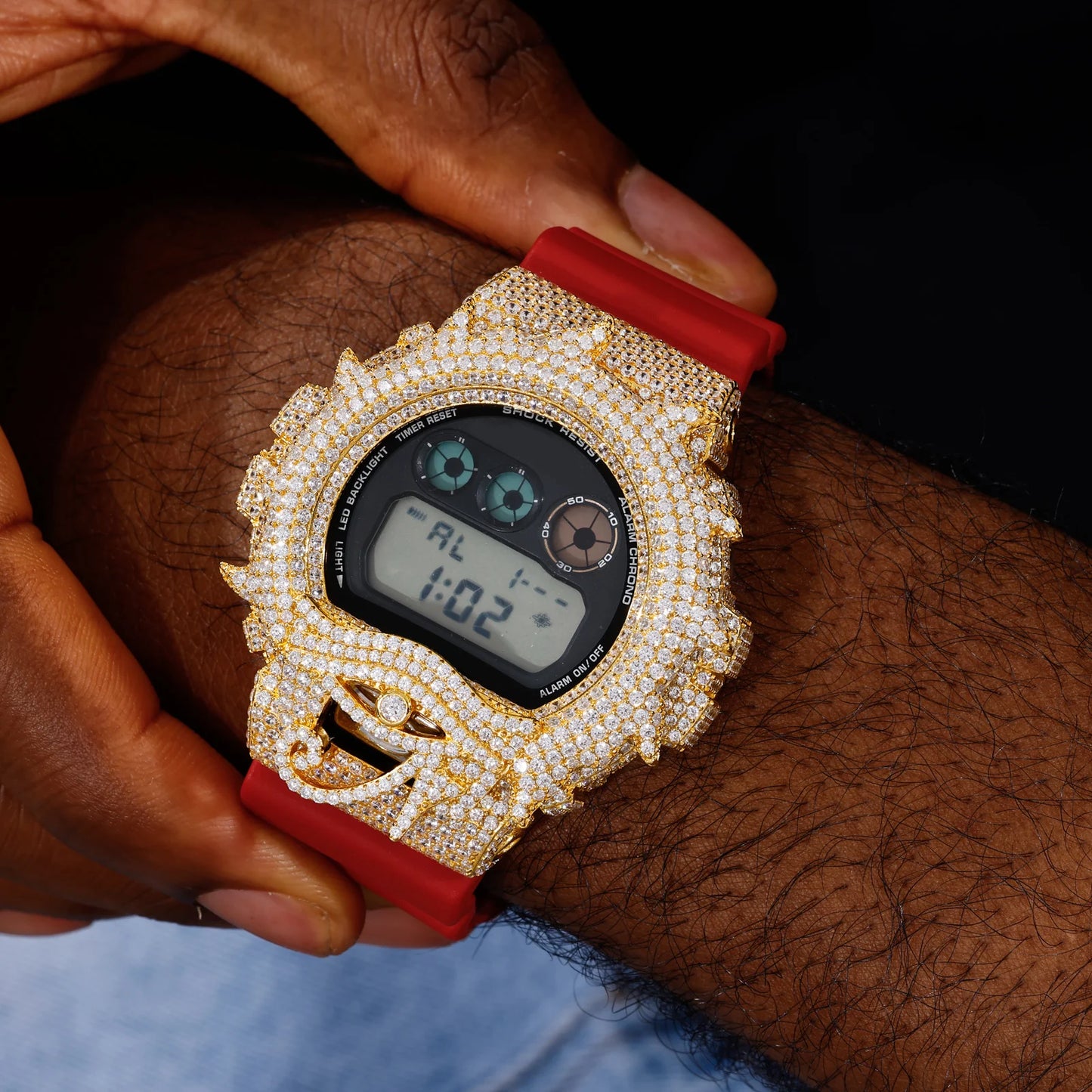Iced Out Evil Eye & Sun Flame VVS1 Moissanite Watch Bezel for DW6900 | Buss Down | GRA Certified