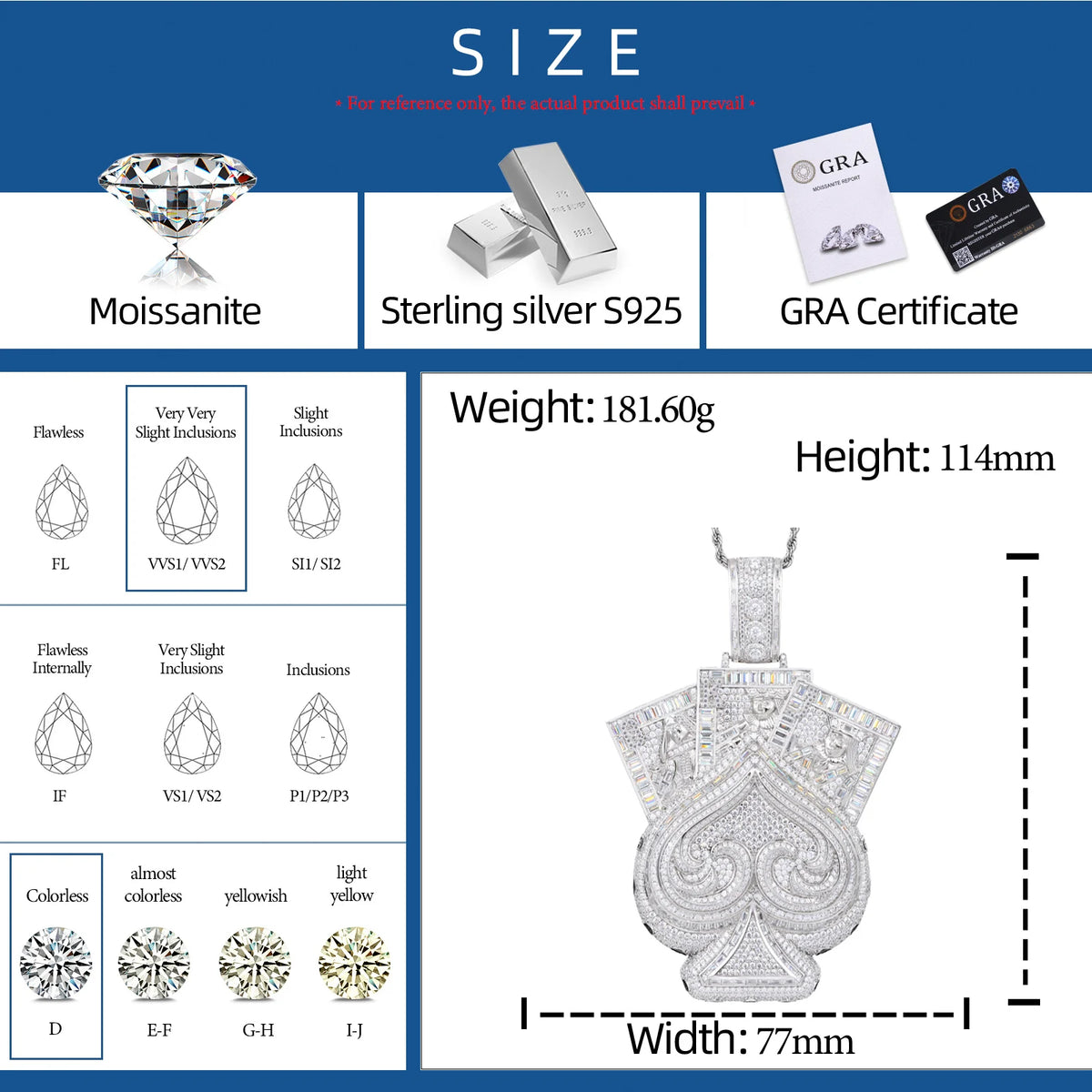 VVS1 Moissanite Baguette Spade Poker Card Pendant | 925 Sterling Silver or Brass | GRA Certified | Passes Diamond Tester