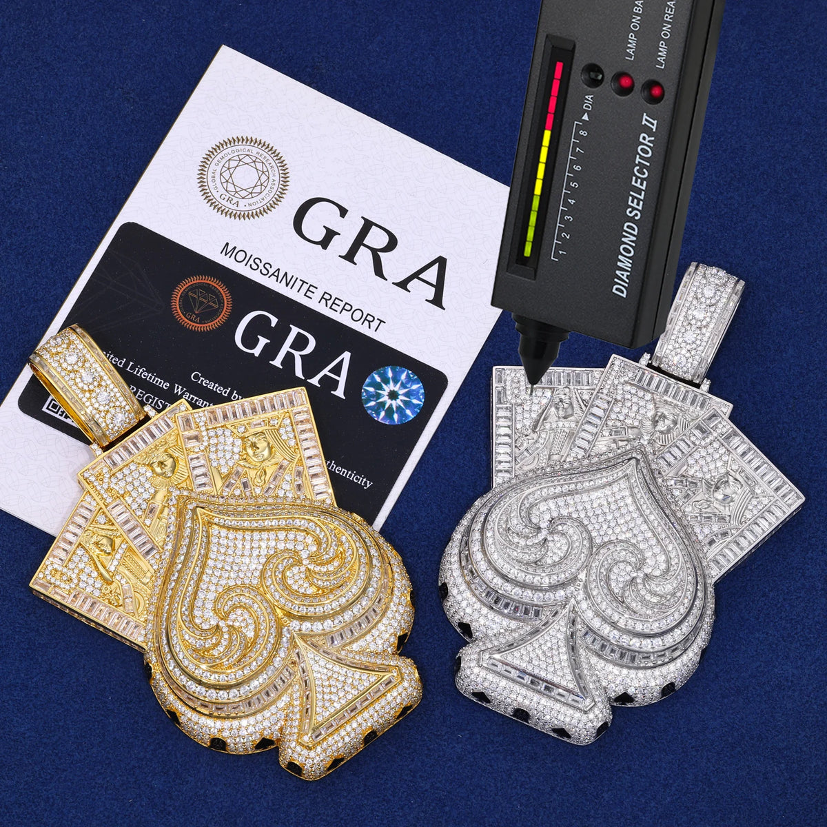 VVS1 Moissanite Baguette Spade Poker Card Pendant | 925 Sterling Silver or Brass | GRA Certified | Passes Diamond Tester