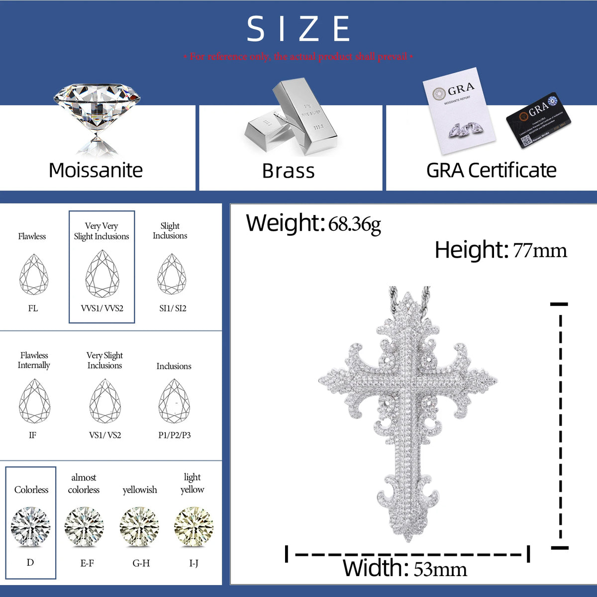 VVS1 Moissanite Baroque Carved Cross Pendant | 925 Sterling Silver | GRA Certified | Passes Diamond Tester