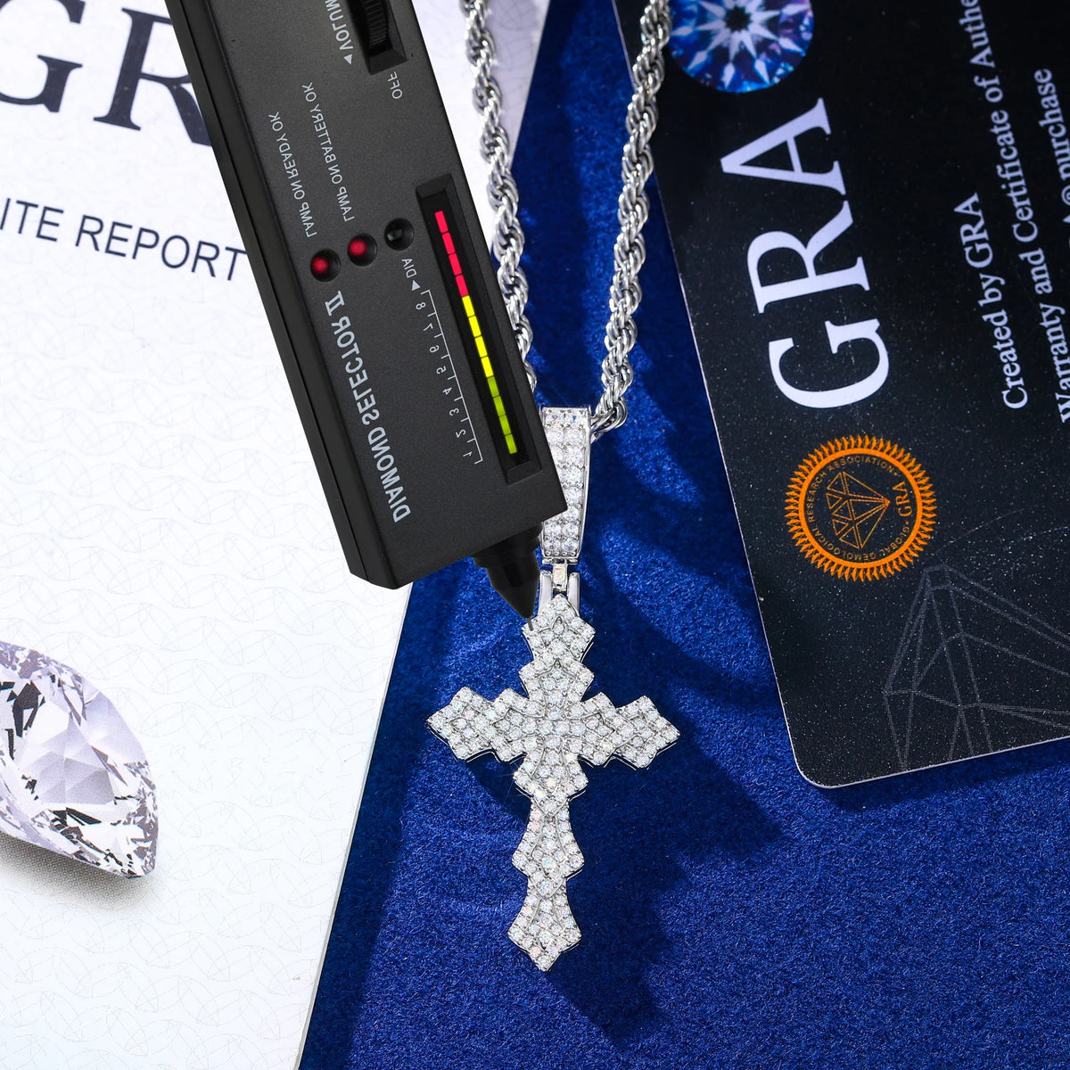 VVS1 Moissanite Cross Pendant with Rope Chain | 925 Sterling Silver | GRA Certified | Passes Diamond Tester