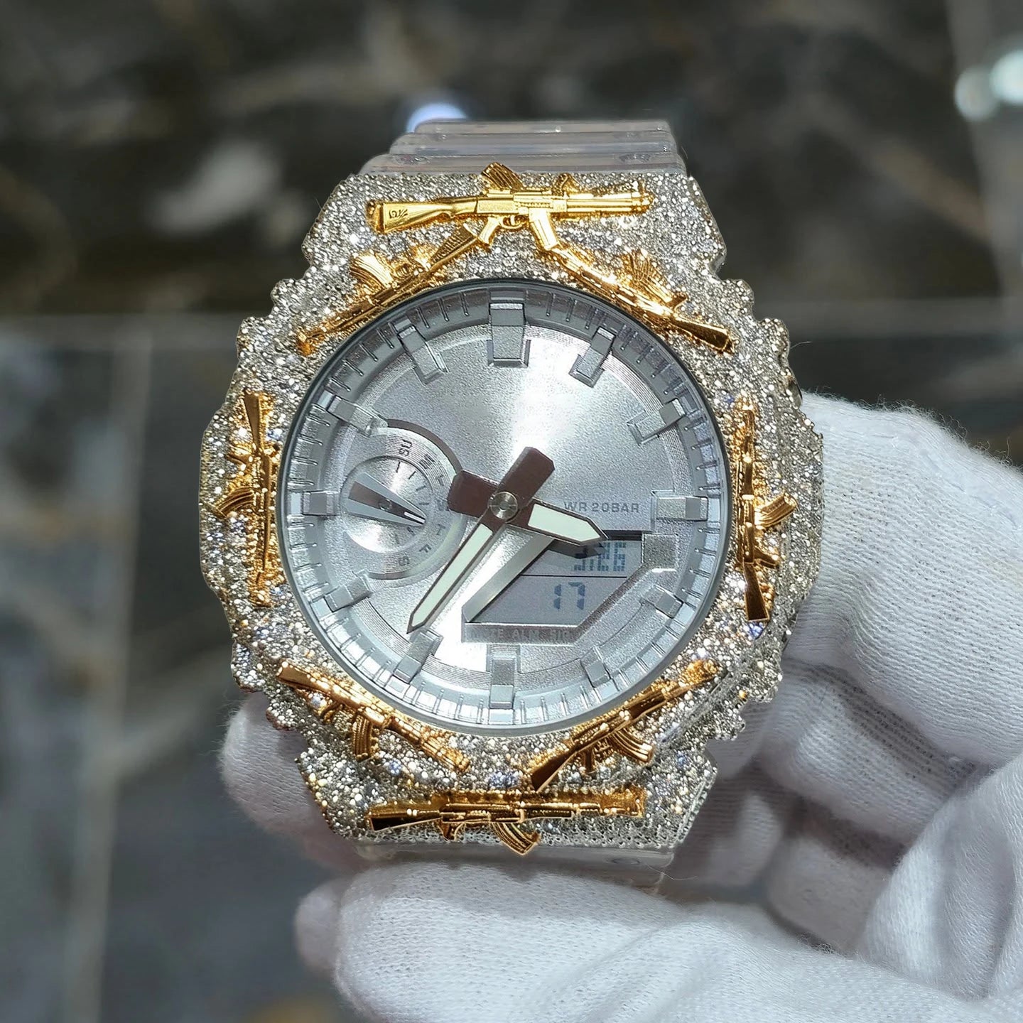 Iced Out AK Rifle VVS1 Moissanite Watch Bezel for GA2100 | Two-Tone 18K Gold Plated | Buss Down