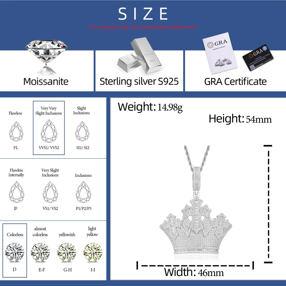 VVS1 Moissanite Crown Cross Pendant | 925 Sterling Silver | GRA Certified | Passes Diamond Tester