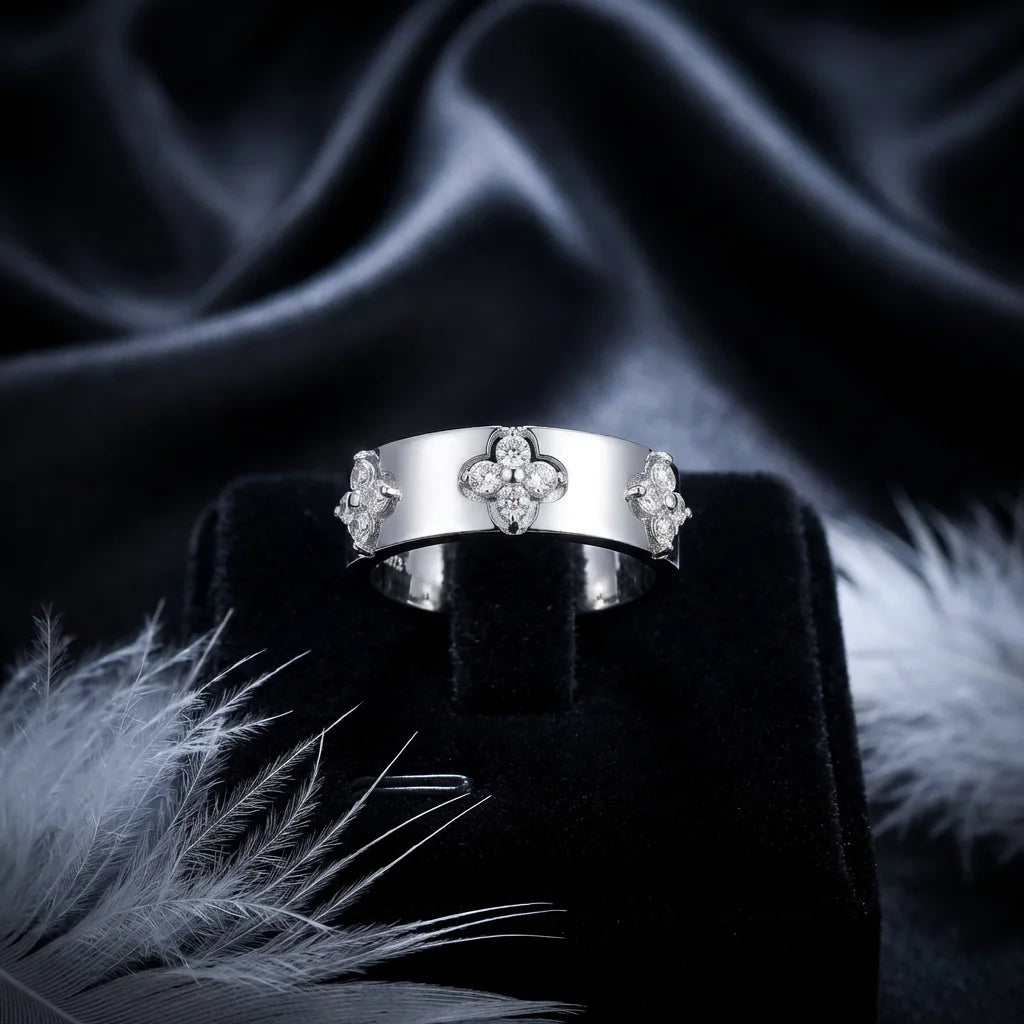 VVS1 Moissanite Four Leaf Clover Ring | 925 Sterling Silver | Passes Diamond Tester