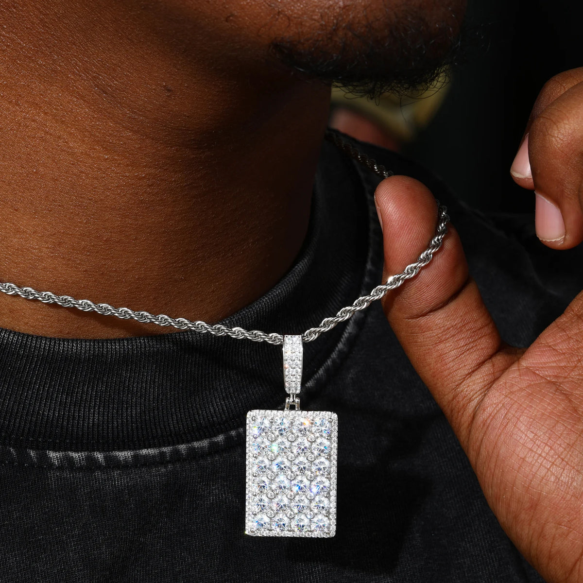 VVS1 Moissanite Square Dog Tag Pendant | 925 Sterling Silver | GRA Certified | Passes Diamond Tester