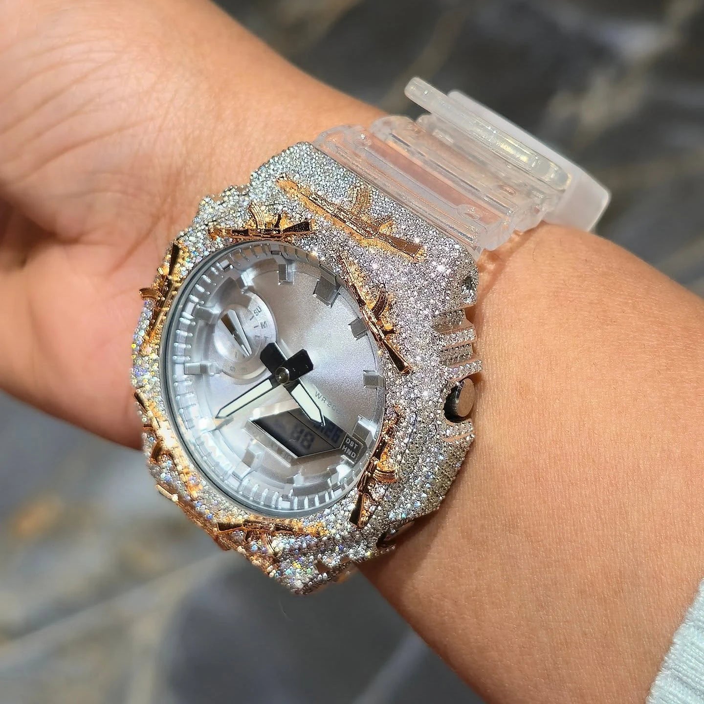 Iced Out AK Rifle VVS1 Moissanite Watch Bezel for GA2100 | Two-Tone 18K Gold Plated | Buss Down