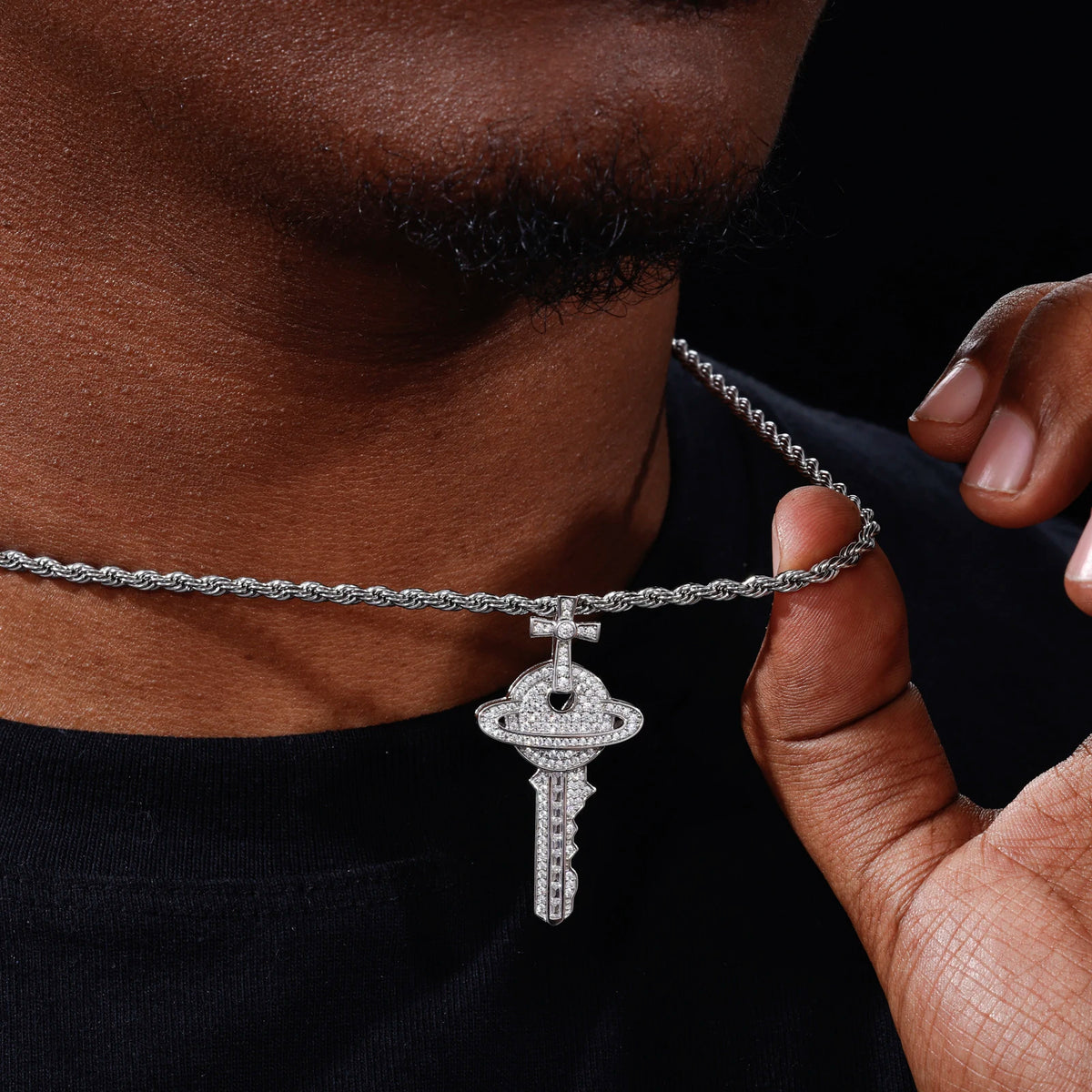 VVS1 Moissanite Cross Saturn Key Pendant | 925 Sterling Silver | GRA Certified | Passes Diamond Tester