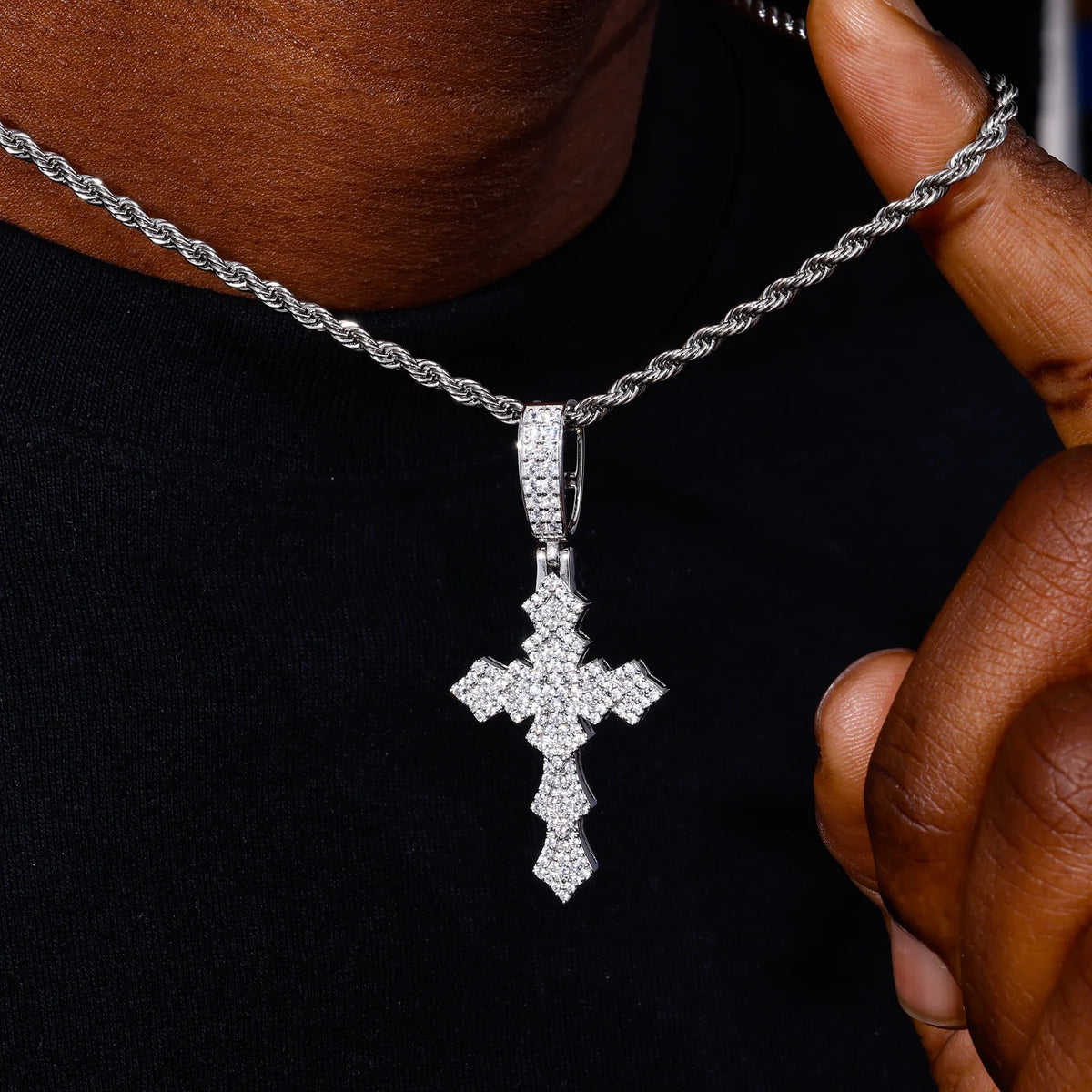 VVS1 Moissanite Cross Pendant with Rope Chain | 925 Sterling Silver | GRA Certified | Passes Diamond Tester