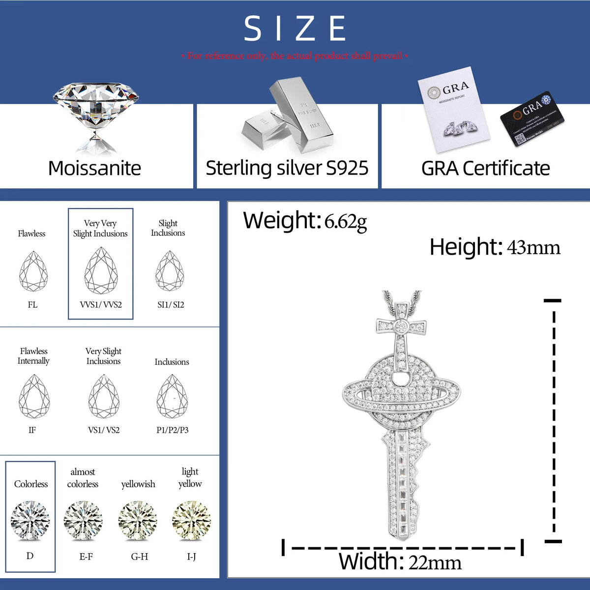 VVS1 Moissanite Cross Saturn Key Pendant | 925 Sterling Silver | GRA Certified | Passes Diamond Tester