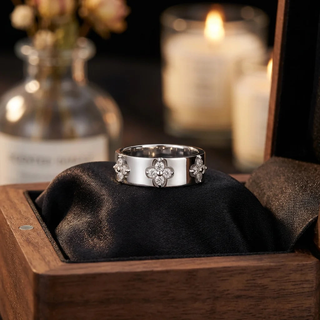 VVS1 Moissanite Four Leaf Clover Ring | 925 Sterling Silver | Passes Diamond Tester