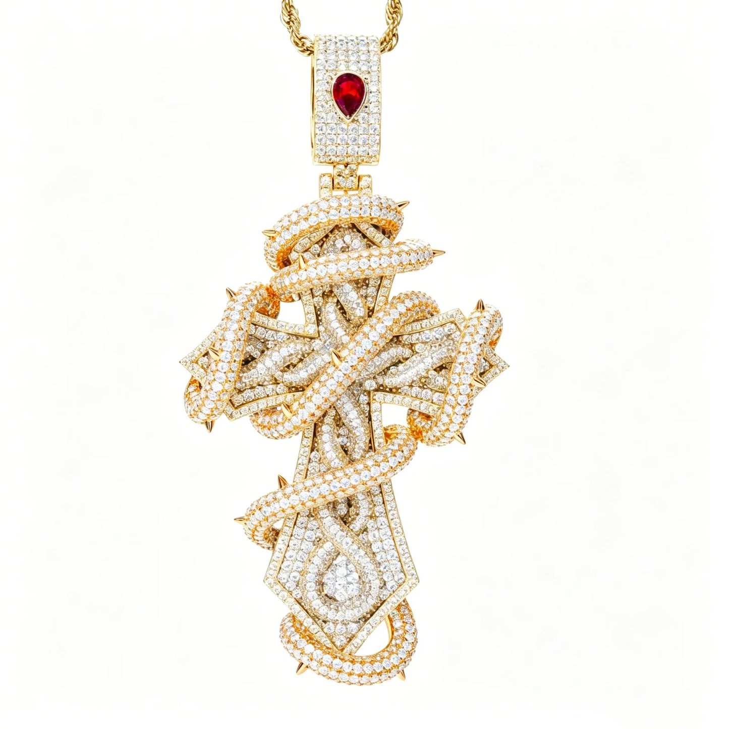 Buss Down Thorn Cross Pendant | VVS1 Moissanite Iced Out | 2-Tone | Passes Diamond Tester | GRA Certified | Hip Hop Jewelry
